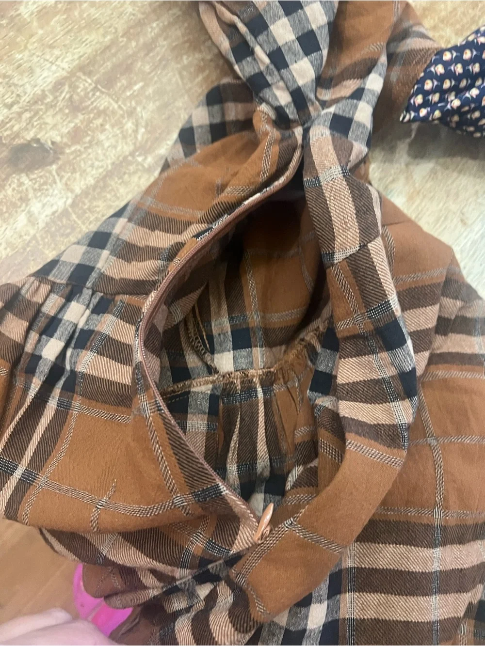 Plaid V-Neck Babydoll Mini Dress in Tan - Picture 7 of 7